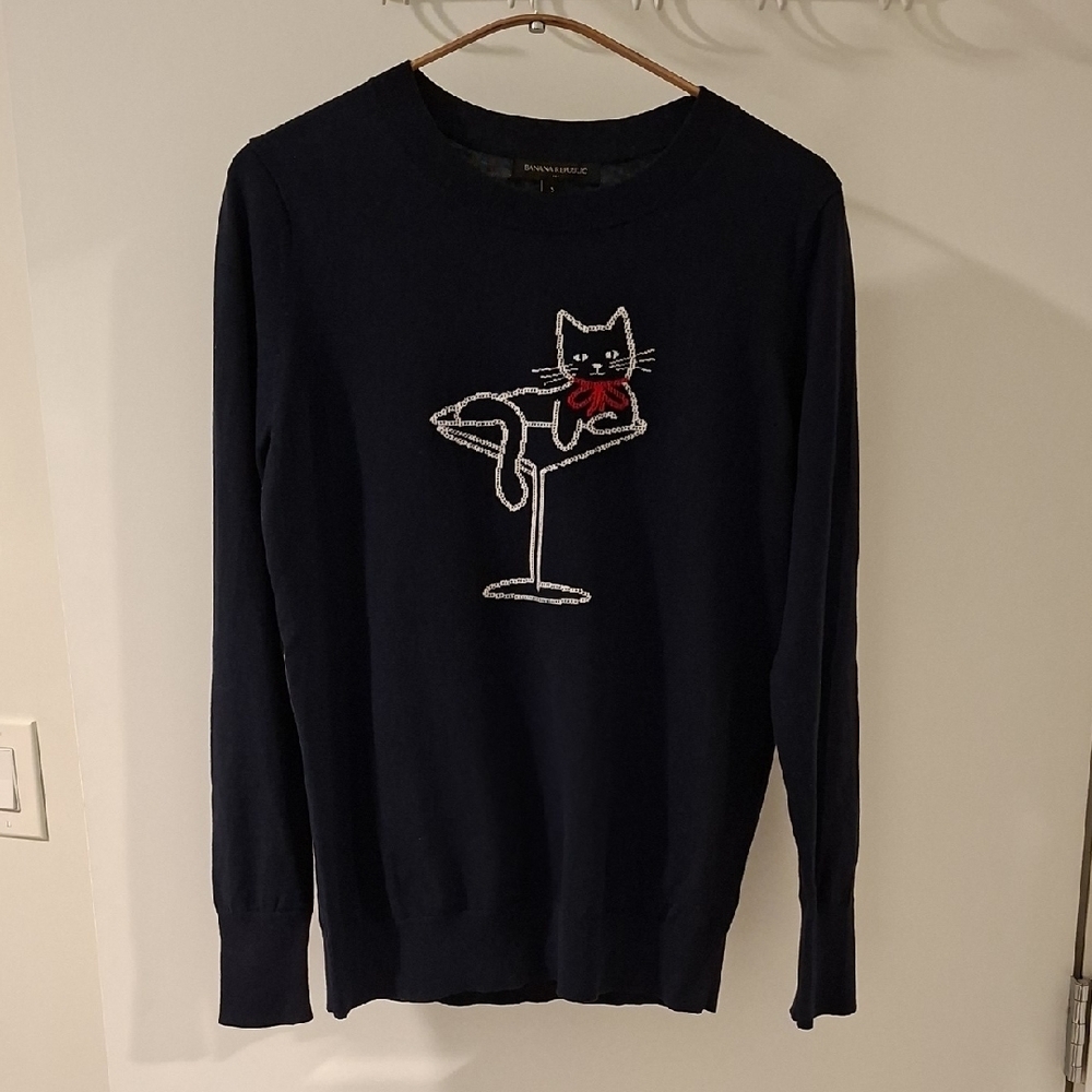Banana Republic Navy 100% Cotton Crewneck Sweater w/ Bow Tie Cat Design (Size S)